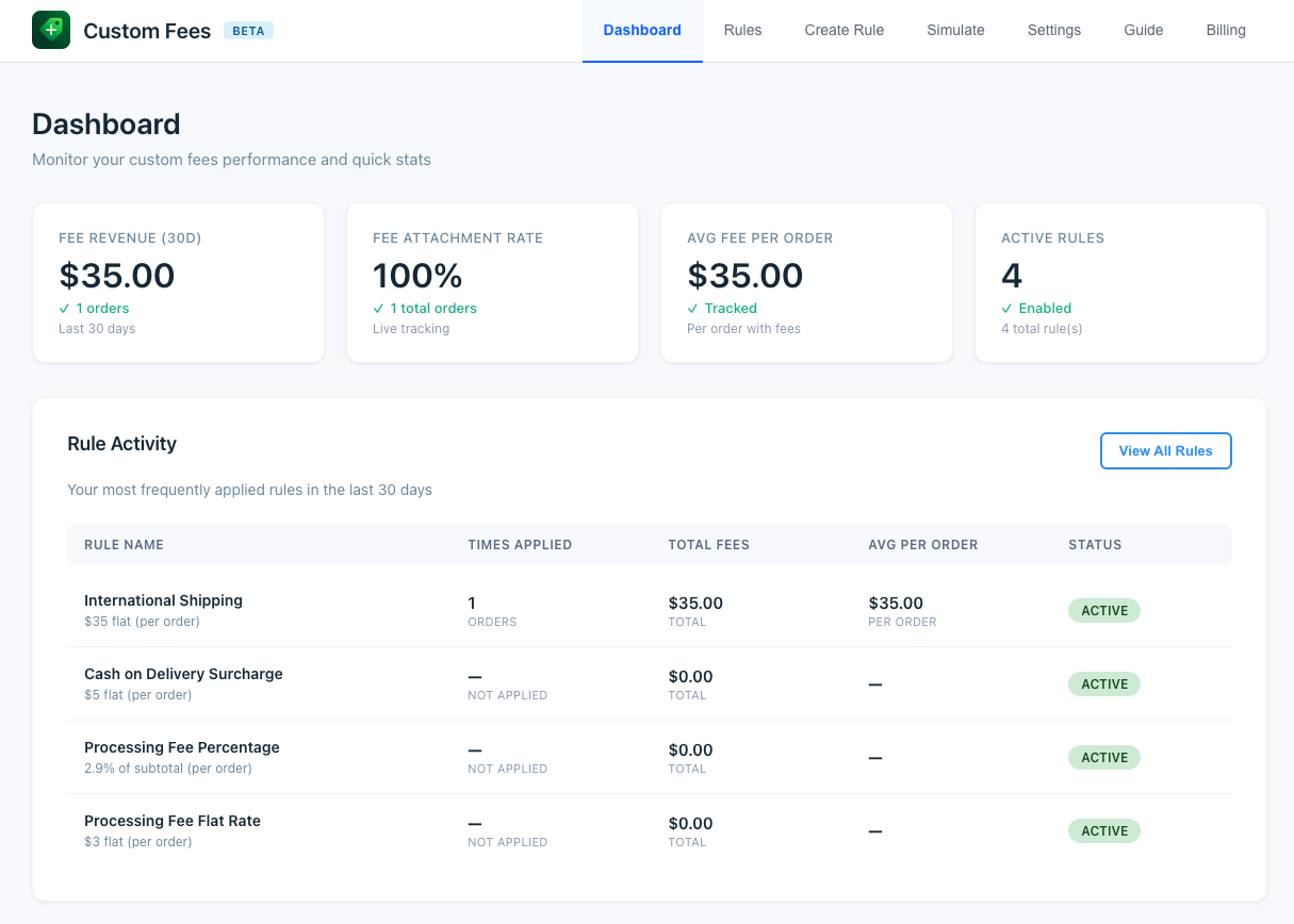 Custom Fees dashboard preview