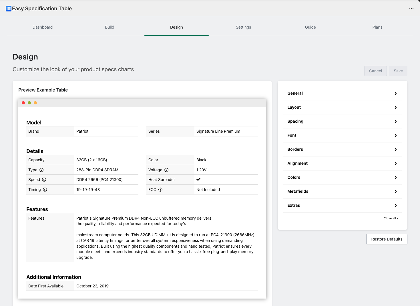 Easy Specification Table preview